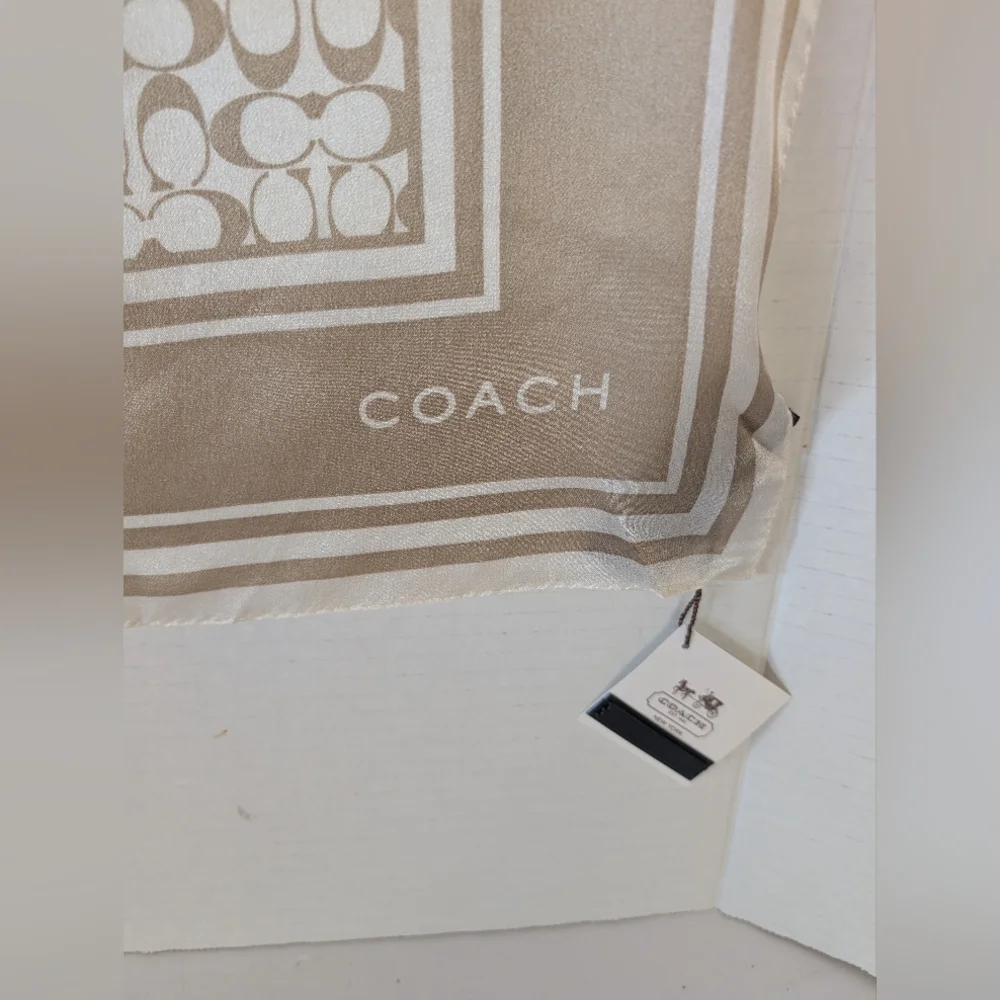 COACH Beige and White Logo Border Scarf